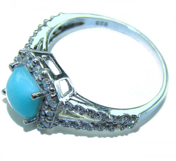 Caribbean Beauty 4.5 carat Genuine Blue Larimar .925 Sterling Silver handmade ring size 7 - Side view of Caribbean Beauty 4.5 carat Blue Larimar sterling ring