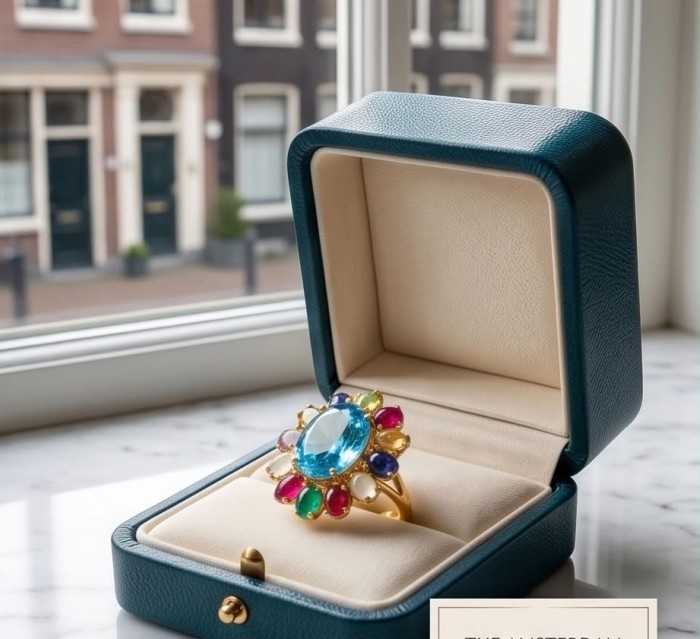 Dolce Vita 25.3 carat genuine Large Swiss Blue Topaz .925 Sterling Silver dipped in 22K Gold handcrafted Large ring size 8 - Top view of Dolce Vita ring with 25.3 carat Swiss Blue Topaz in box.