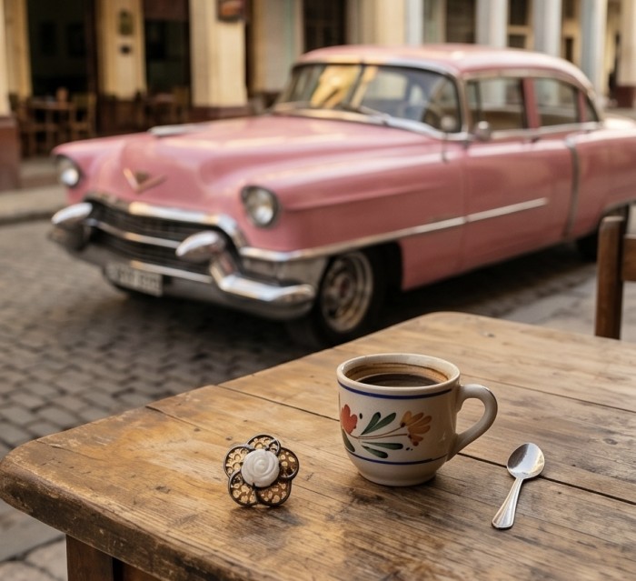 Luxurious Flower Blister Pearl 18K Gold Rhodium over .925 Sterling Silver brilliantly handcrafted ring s. 7 3/4 - Flower blister pearl ring on table with vintage car background.