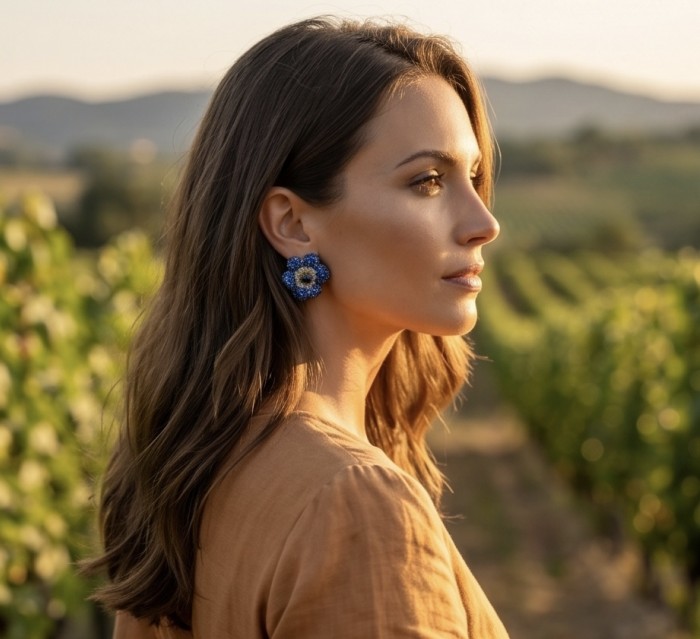 Blooming Lilis - 38.8 carat pave Sapphire from Madagascar .925 Sterling Silver handmade Statement Earrings - Side view of blue sapphire earrings worn in a vineyard setting.