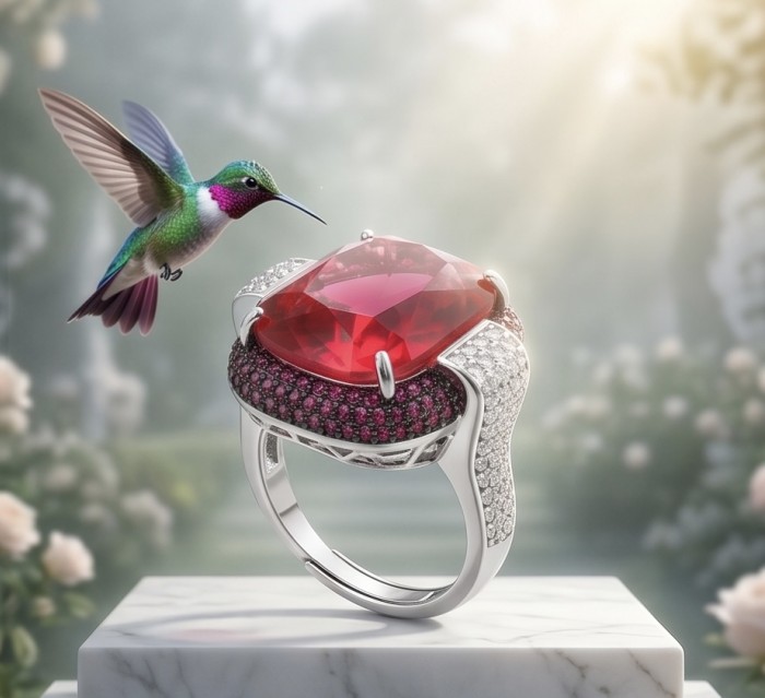 Art Deco 18.6 ctw Red Topaz 4.2 carat pave Ruby .925 Sterling Silver handcrafted Statement Ring size 7 adjustable - Close-up of Art Deco red topaz ring with a hummingbird in garden setting