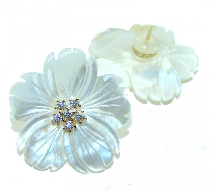 Genuine Blister Pearl lab grown Diamond 18K Gold over .925 Sterling Silver handcrafted Large Statement Earrings - photo 2