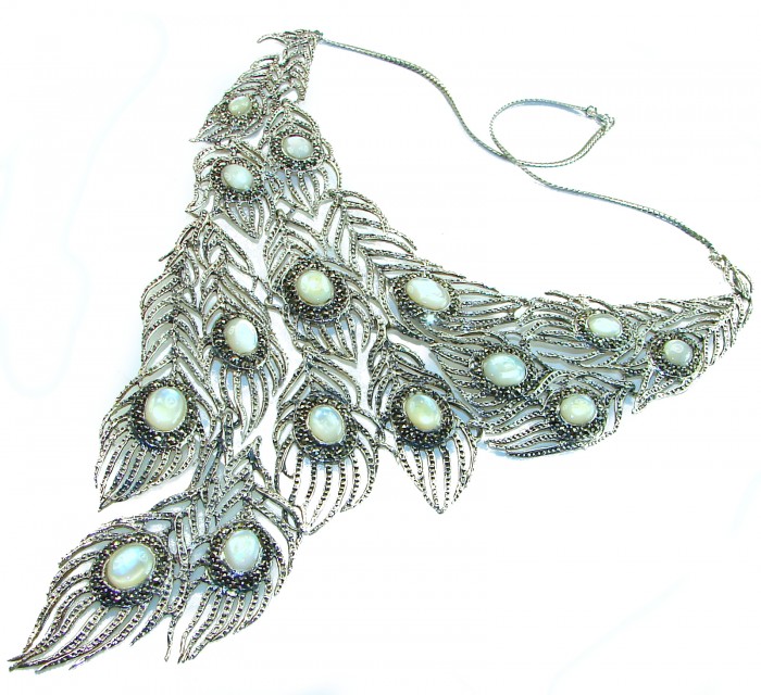 HUGE 102.9 grams Peacock Feather design genuine Blister Pearl .925 Sterling Silver handcrafted Necklace - Peacock feather design necklace with pearls, top view.