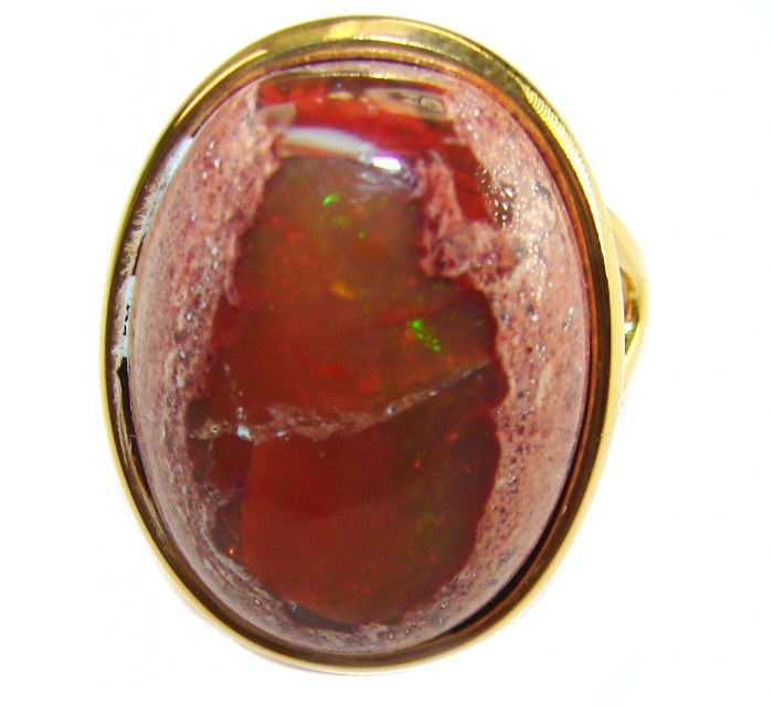 Orange Galaxy best quality 19.4 carat Mexican Opal 18K Gold over .925 Sterling Silver handmade ring 8 1/4 - Close-up of 19.4 carat Mexican Opal set in 18K gold ring.