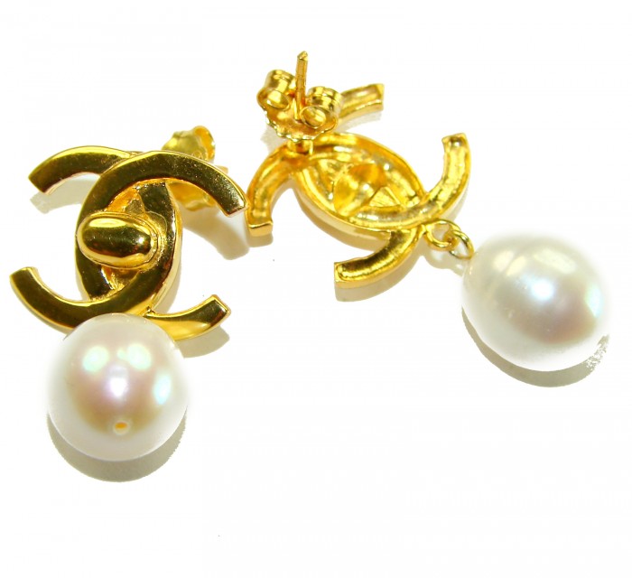 Classy Design - Genuine Pearl 14K Gold over .925 Sterling Silver handcrafted Statement Earrings - Gold earrings with pearls, angled view.