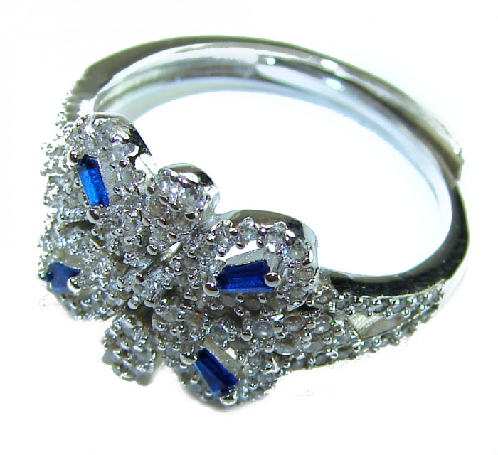 Art Deco 5.2 carat Sapphire White Topaz .925 Silver handcrafted Cocktail Ring s. 8 - Side view of Art Deco sapphire and white topaz silver ring.