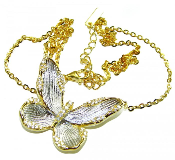 Golden Butterfly White Topaz highly polished 18K Gold over .925 Sterling Silver Italy made necklace - Gold butterfly necklace, close-up of pendant and chain detail.