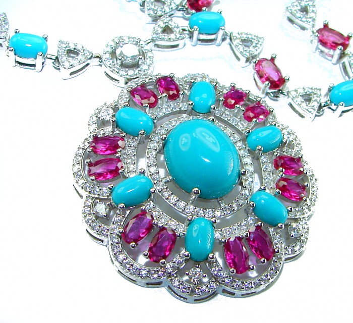 Art Deco - Pacifica - 68.4 carat Sleeping Beauty Turquoise Pink Tourmaline .925 Sterling Silver handmade Statement necklace; 18 inches long - Close-up of Art Deco necklace with turquoise and pink gemstones.