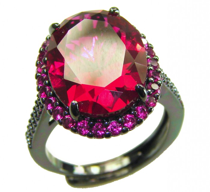 Matilde - Natural 12.8 carat Mozambique Garnet BLACK RHODIUM .925 Sterling Silver Handcrafted Statement Ring size 7 adjustable - Close-up of Matilde ring with large red garnet and black rhodium setting.