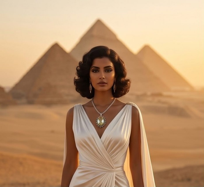 Golden Beauty 48.2 grams authentic Lemon Quartz .925 Sterling Silver handcrafted necklace - Woman wearing Golden Beauty necklace with pyramids in background.