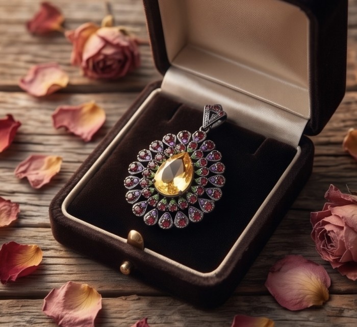 Valentina - Vintage Design Genuine 28.5 carat Citrine .925 Sterling Silver dipped in black rhodium handmade Pendant Brooch - Top view of vintage citrine pendant in a box with rose petals around.