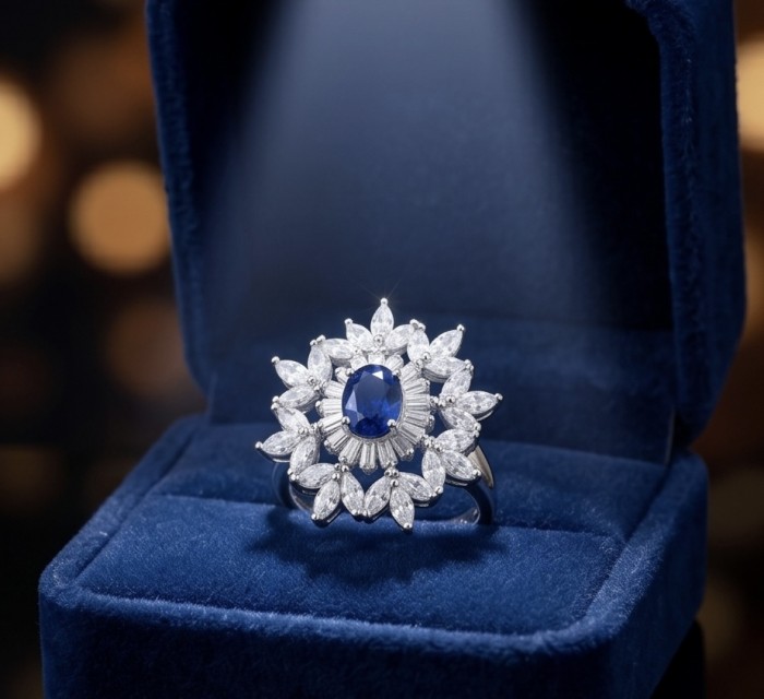 Born to Glam 2.2 carat natural Sapphire .925 Sterling Silver Perfectly handcrafted Ring s. 6 - Close-up of Born to Glam sapphire ring in blue velvet box.