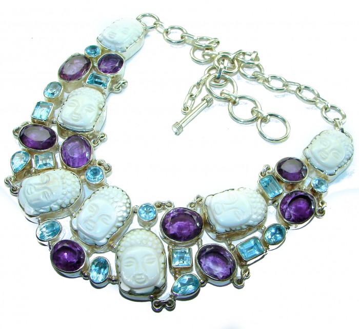7 Faces New Bali Design Carved Ox Bone F.925 Sterling Silver Large Statement Necklace - photo 2