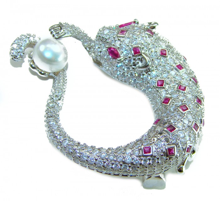 Precious Wild Cheetah 29.8 carat Ruby real Pearl .925 Sterling Silver handmade Pendant Brooch - Side view of cheetah jewelry with rubies and pearl