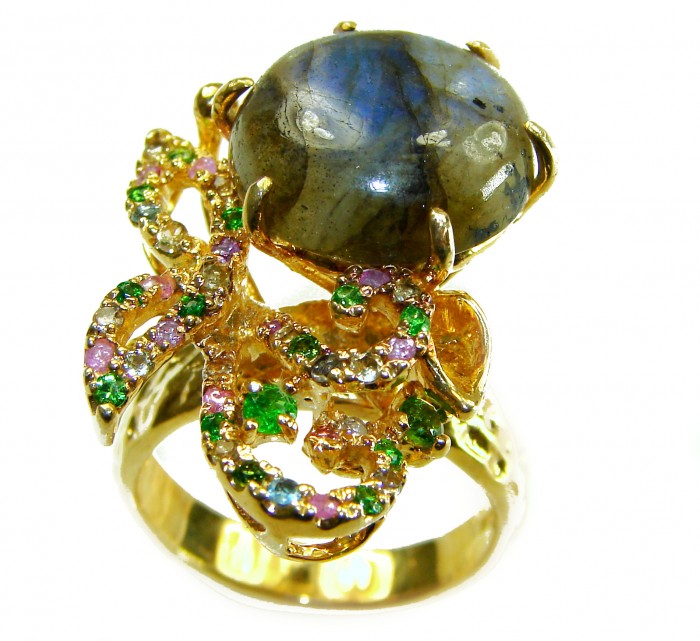 Shimmering Natural Labradorite 18K Gold over .925 Sterling Silver handcrafted Large ring size 8 - Front angle of labradorite ring with colorful gemstones on gold setting.