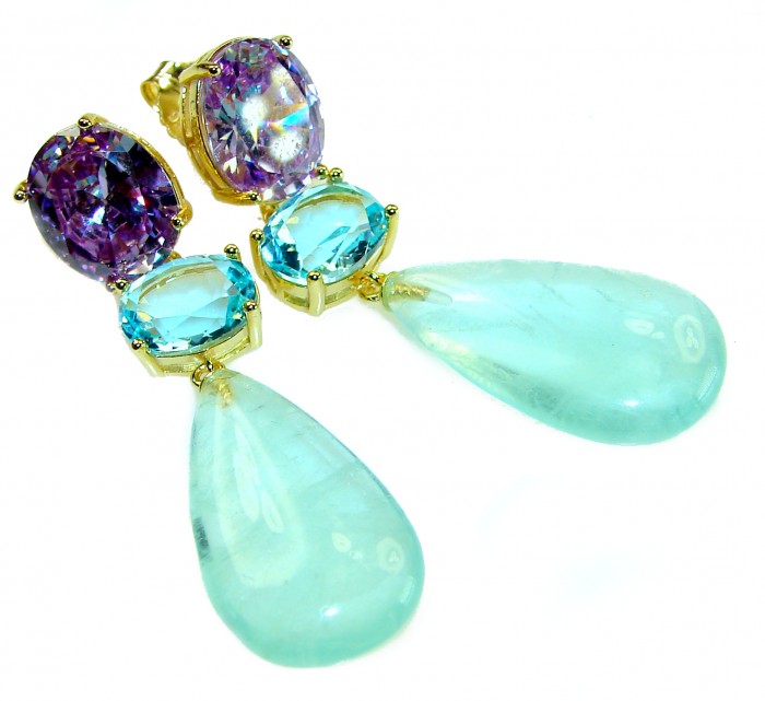 Dolce Vita authentic 29.5 carat authentic Apatite .925 Sterling Silver handcrafted Statement earrings - Elegant Apatite and Amethyst drop earrings, front view.