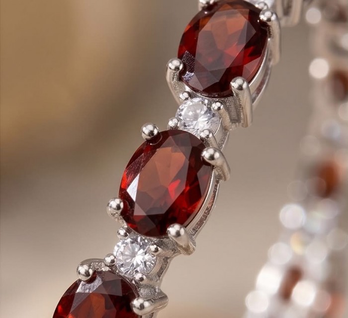 Red Royalty Authentic 24.9 carat Mozambique Garnet .925 Sterling Silver brilliantly handcrafted Statement earrings - Stone close-up of Red Royalty 24.9 carat Mozambique Garnet bracelet.