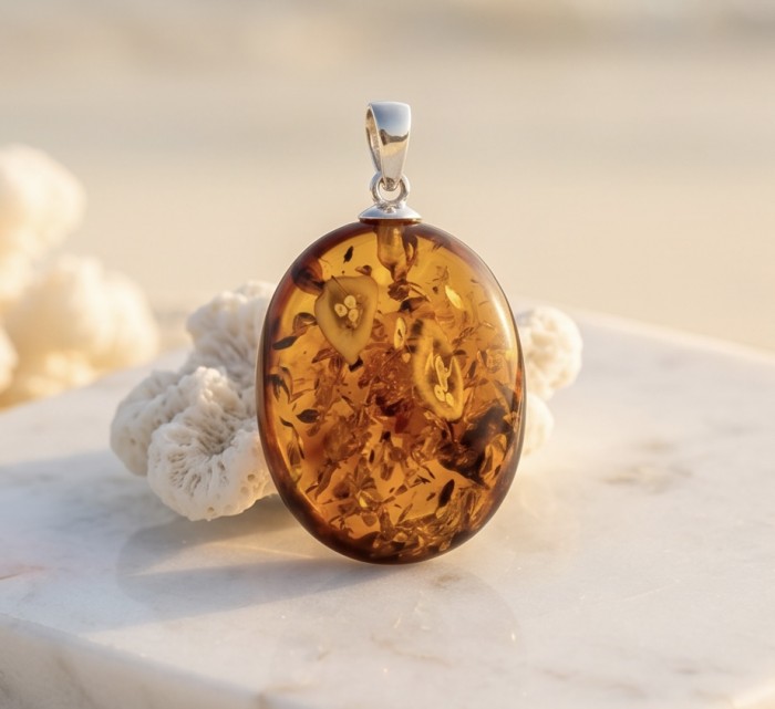 Prehistoric Authentic Baltic Amber .925 Sterling Silver beautifully handcrafted Pendant - Close-up of Baltic amber pendant with silver bail, front view.