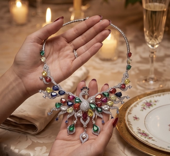 55.2 carat Graceful Swan Natural multicolot Topaz .925 Sterling Silver handcrafted Statement necklace - Hands holding multicolor topaz necklace with swan design, table setting.