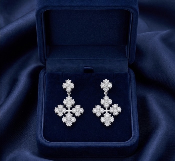 Celtic Cross Luxurious 10.5 carat Moissanite .925 Sterling Silver handmade Earrings - Celtic Cross Moissanite earrings in a velvet box, top view.