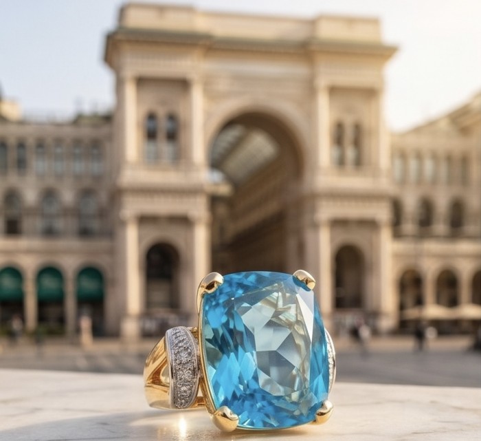 Paradise Natural 27.8 carat Swiss Blue Topaz .925 Sterling Silver dipped in 22K Gold handmade Large Statement Ring size 7 3/4 - Blue topaz ring close-up in front of blurred architectural background