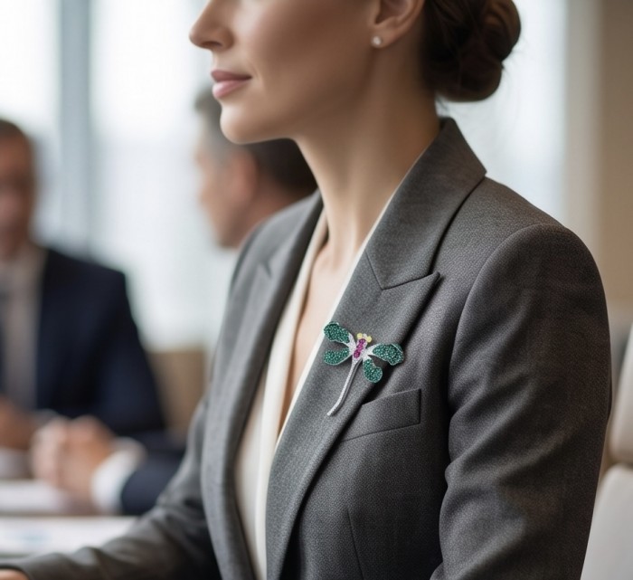 Precious Dragonfly 9.2 carat pave Colombian Emerald rhodium over .925 Sterling Silver handcrafted Brooch Pendant - Dragonfly brooch with emeralds on lapel, side view in meeting setting.