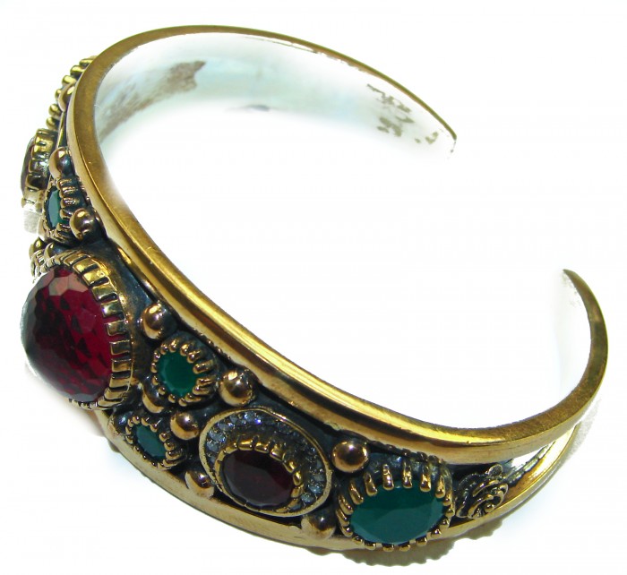 Victorian Style 22.5 carat Ruby Emerald & White Topaz .925 Sterling Silver Bracelet / Cuff - Victorian-style bracelet side view with ruby, emerald, and topaz stones