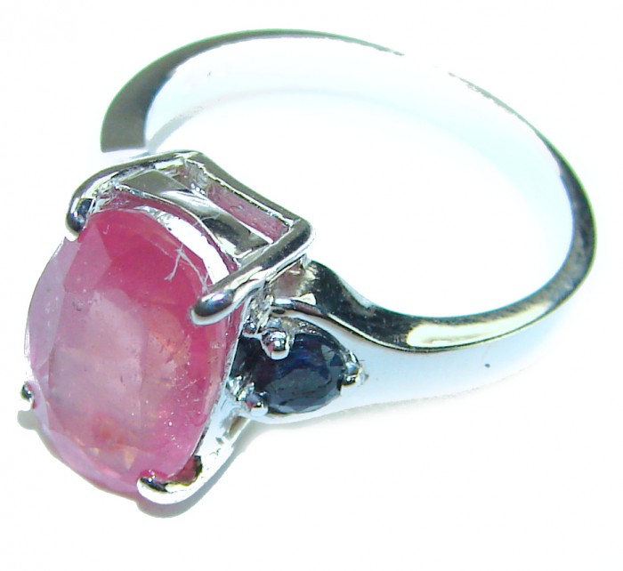 Crimson Fire 4.8 carat Authentic Ruby .925 Sterling Silver Handcrafted Ring size 5 - Side view of Crimson Fire 4.8 carat ruby ring in sterling silver.