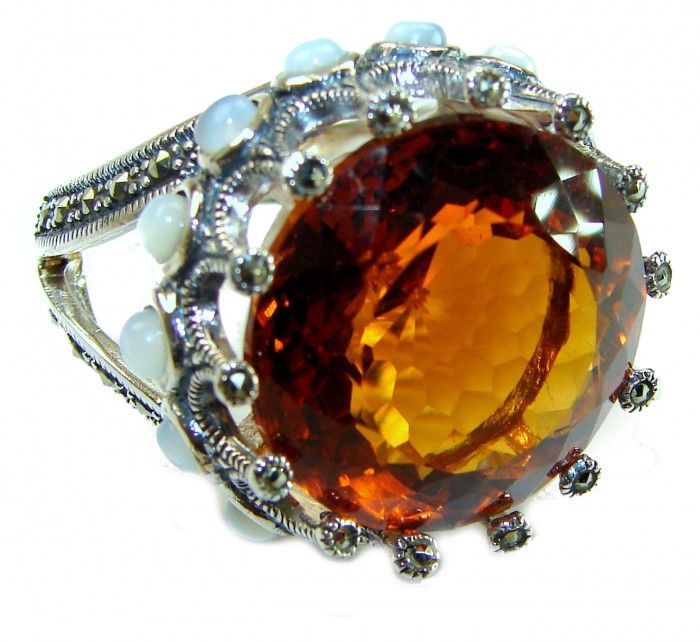 Celestial energY Natural 28.4 carat GOLDEN Topaz Marcasite .925 Sterling Silver handmade Large Statement Ring size 8 3/4 - Side view of a golden topaz ring with marcasite and opal accents.