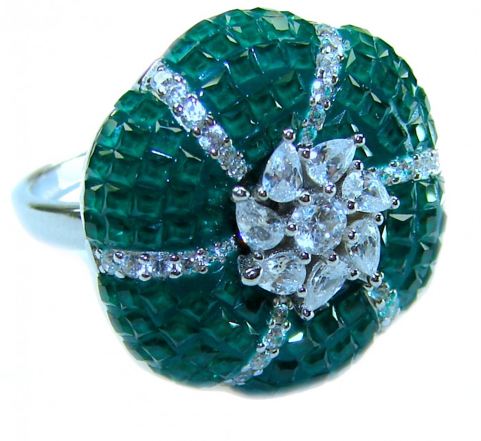 Gabriella 15.2 carat authentic Emerald rhodium over .925 Sterling Silver handcrafted Statement Ring size 6 - Emerald ring with diamond accents, top view close-up.