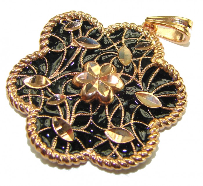 Dubai Style - Golden Flowers black enamel .925 Sterling Silver dipped in 22K Rose Gold handmade Pendant - Gold floral pendant with black enamel, top view