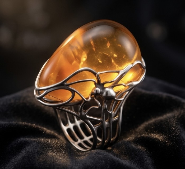 Spider's Web Authentic Golden Butterscotch Baltic Amber .925 Sterling Silver entirely handcrafted LARGE ring; s. 7 adjustable - Ring with golden amber stone, spider web design, close-up view.
