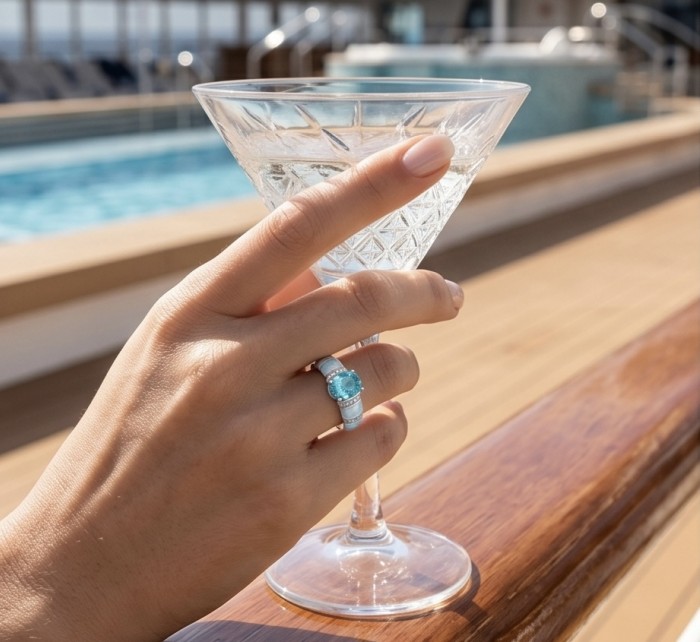 Wonderland 3.1 carat Paraiba Tourmaline .925 Sterling Silver Handcrafted Ring size 7 1/4 - Worn on hand with martini glass, showcasing Paraiba Tourmaline ring.