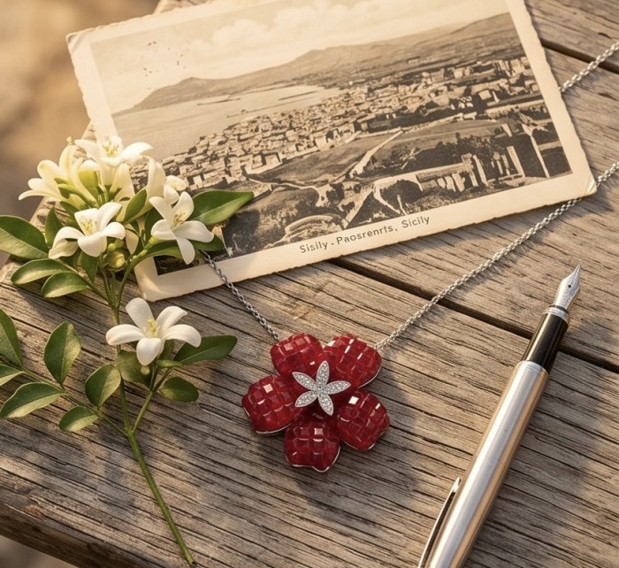 Red Flower Luxurious mystery setting natural 12.5 carat Ruby .925 Sterling Silver handmade Statement necklace - Red flower necklace with 12.5 carat rubies, top view on wooden surface.