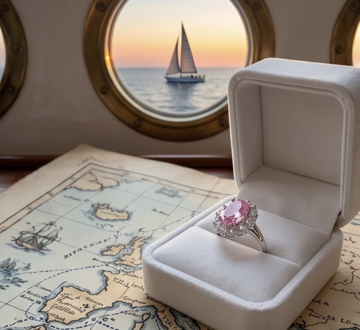 Anastasia 10.2 carat Pink Sapphire .925 Sterling Silver Handcrafted Statement Ring size 8 - Pink sapphire ring in box on map with sailboat view through porthole