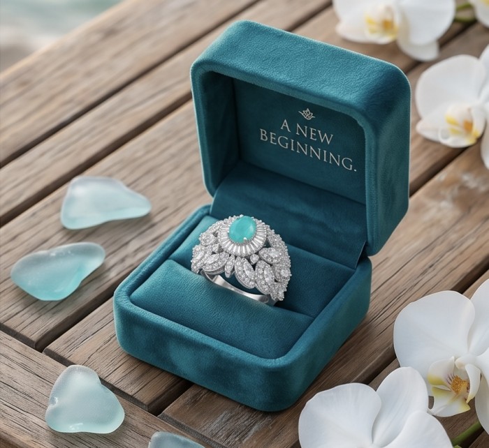 Luxurious 4.2 carat Colombian Emerald .925 Sterling Silver dipped in Rhodium handcrafted Ring size 8 1/4 - Emerald ring in blue box on wooden table with white orchids and sea glass
