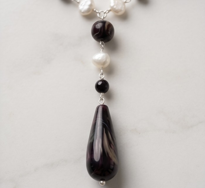 Black and White 26 inches authentic Onyx Pearl .925 Sterling Silver handmade Station Necklace - Close-up of onyx and pearl necklace pendant detail.