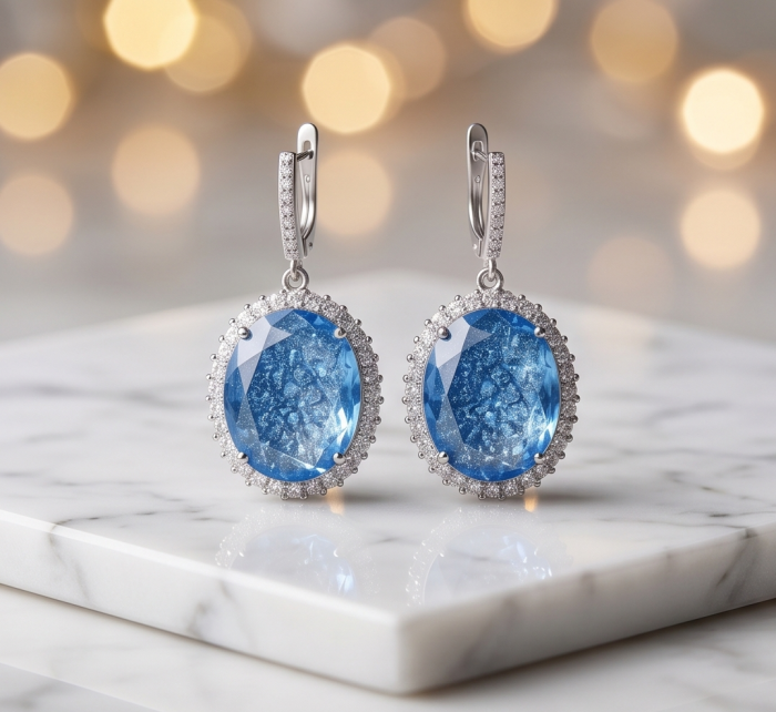 Angelina 14.9 carat authentic Swiss Blue Topaz .925 Sterling Silver Handcrafted Earrings - Front view of Angelina Swiss Blue Topaz earrings on marble surface