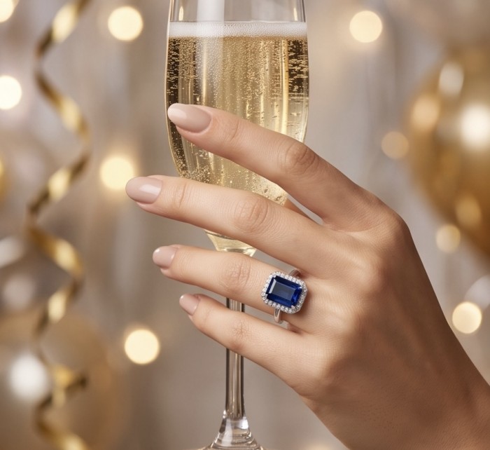 Stella emerald cut 4.5 carat Sapphire .925 Sterling Silver handmade Statement ring size 6 - Worn on hand, Stella emerald cut 4.5 carat sapphire ring, champagne glass.