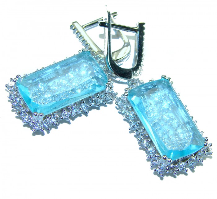 Aqua - Splendid 10.5 carat Swiss Blue Topaz .925 Sterling Silver Handcrafted Earrings - Close-up of Swiss Blue Topaz earrings with .925 sterling silver detailing.