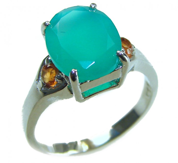 Authentic 2.3 carat Emerald .925 Sterling Silver handmade Cocktail Ring s. 4 3/4 - Side view of emerald and sterling silver ring with accent stones.