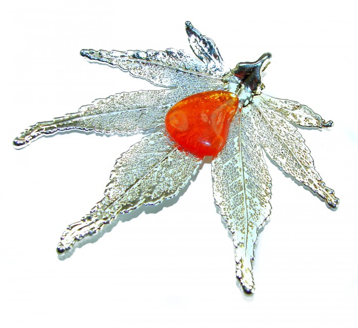 Rain Drop REAL Leaf dipped in Sterling Silver 9.8 carat Golden Opal & .925 Sterling Silver Pendant - Silver-dipped leaf necklace with amber stone, top view.