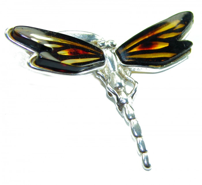 Dragonfly Natural CARVED Baltic Amber .925 Sterling Silver handmade Pendant - Dragonfly amber and silver brooch, top view detailing wings and body