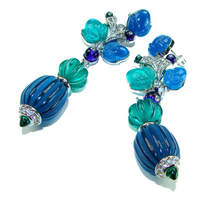 Blue Extravaganza - Very Unique 60.5 carat Emerald Sapphire .925 Sterling Silver handcrafted earrings - Elegant blue and green gemstone earrings, detailed view, white background.