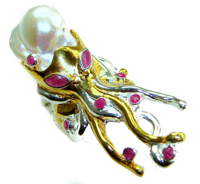 Massive Golden Mother of Pearl Octopus with Ruby eyes 18K Gold over .925 Sterling Silver handcrafted ring s. 8 1/4 - Octopus ring with pearl and rubies, top view, gold design detail