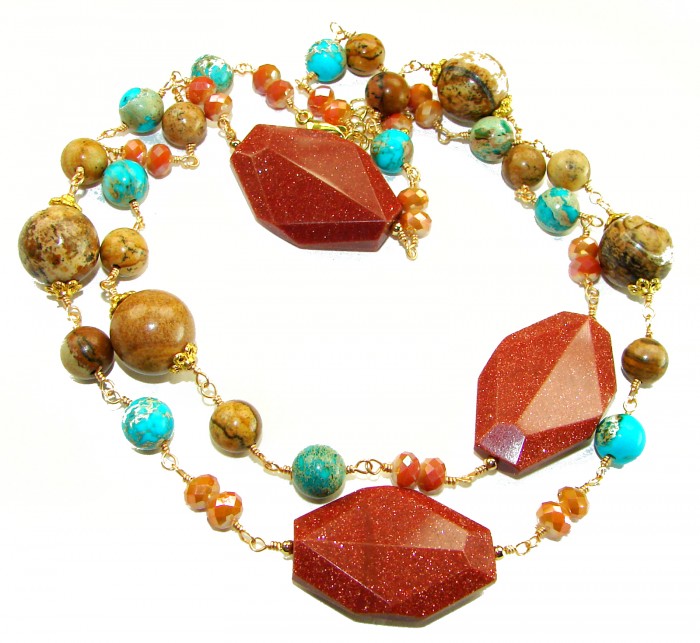 83.3 grams Rare and Unusual Red Sitara Turquoise Beads .925 Sterling silver dipped in 10K Gold NECKLACE - Colorful stone necklace with red Sitara and turquoise beads, top view.