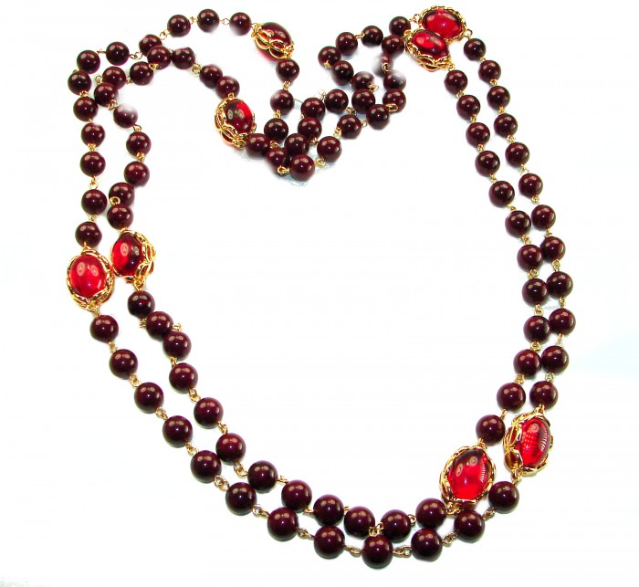 Incredible 48 inches long Red Topaz Agate 10K Gold over .925 Sterling Silver handmade Necklace - Long red topaz agate necklace with gold accents, full view.