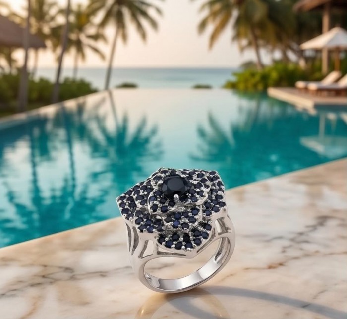 Blue Flower 12.2 carat natural Sapphire .925 Sterling Silver Perfectly handcrafted Ring s. 9 - Sapphire flower ring close-up on marble, pool and palm trees in background.
