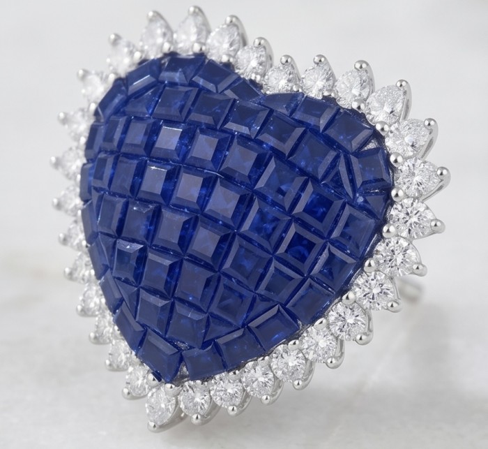 Precious Hearts mystery setting 11.8 carat Sapphire .925 Sterling Silver large earrings - Heart-shaped sapphire ring with diamond halo, stone close-up view