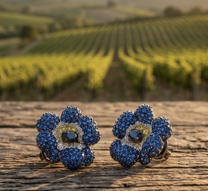 Blooming Lilis - 38.8 carat pave Sapphire from Madagascar .925 Sterling Silver handmade Statement Earrings - Blooming Lilis sapphire earrings with vineyard background, front view.